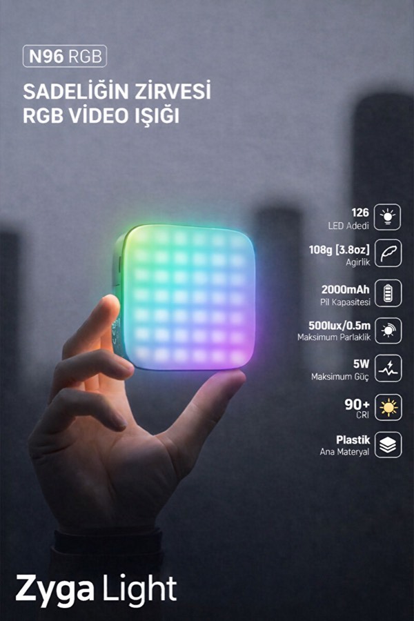 Zyga N96 RGB video ışığı — 126 LED, elde tutulan renkli panel
