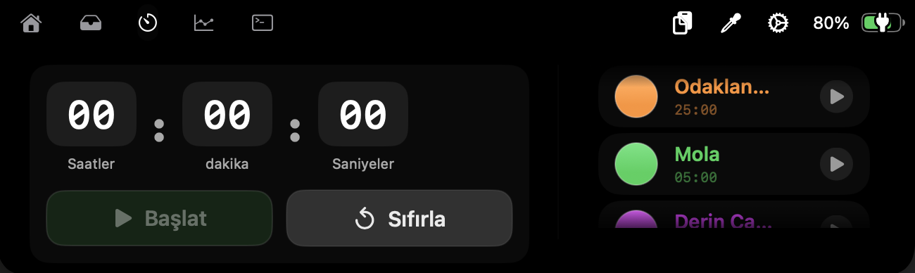 Dynamic Flow odak zamanlayıcısı — saat/dakika/saniye ve Odaklan, Mola ön ayarları