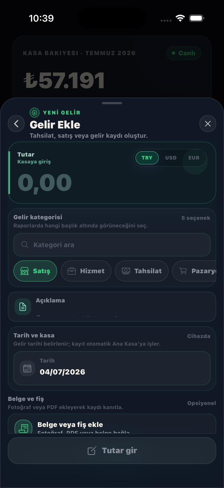 KasamNet gelir ekleme formu — tutar, TRY/USD/EUR seçimi, kategori, tarih ve belge ekleme