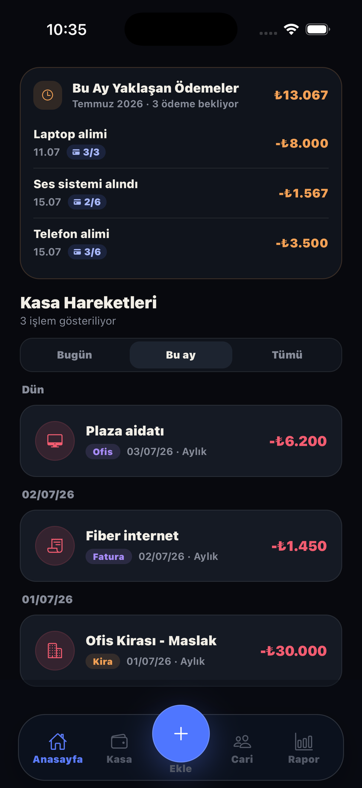Yaklaşan ödemeler ve kasa hareketleri listesi