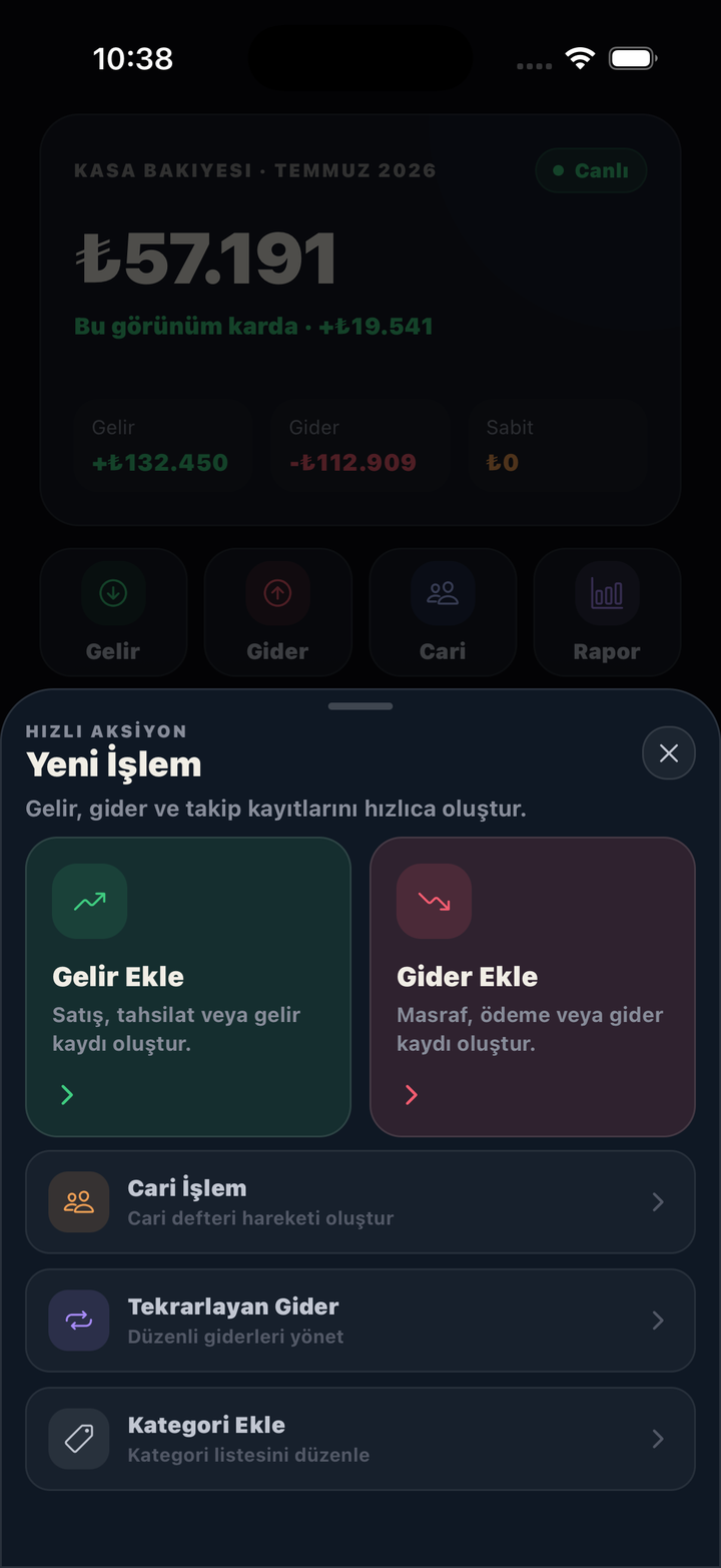 KasamNet hızlı işlem panosu — Gelir Ekle, Gider Ekle, Cari İşlem, Tekrarlayan Gider