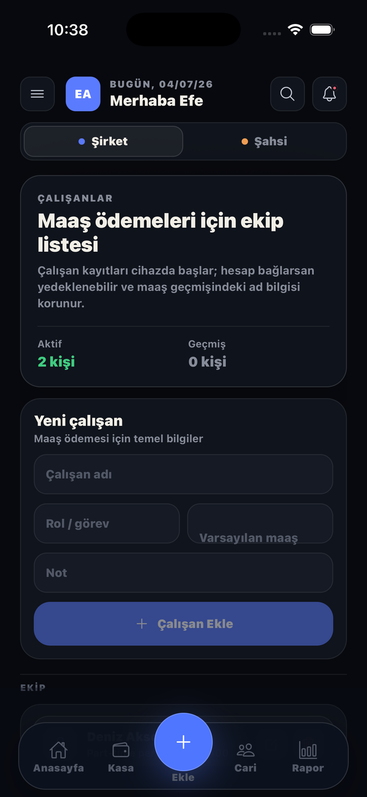 KasamNet maaş ödemeleri ekranı — Şirket/Şahsi modu ve çalışan listesi