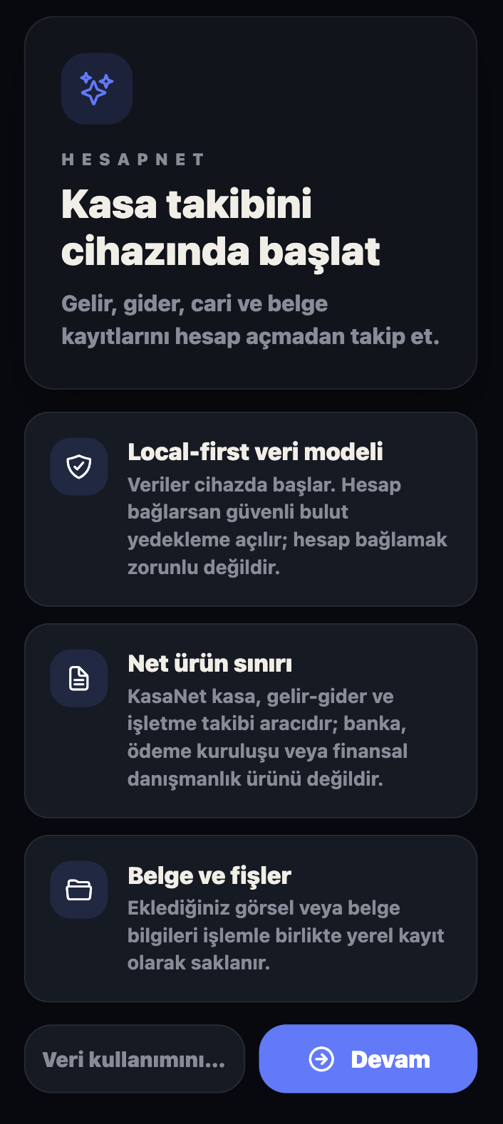 Karşılama ekranı — local-first veri modeli anlatımı
