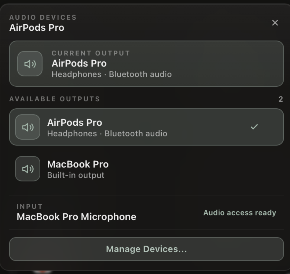 Ses cihazları paneli — mevcut çıkış AirPods Pro, alternatif MacBook Pro